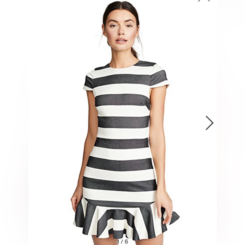 Alice and Olivia Dress: Fantine Striped Cap-Sleeve Ruffle Dress in Black
